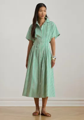Lauren Ralph Lauren Women's Striped Pleated Broadcloth Shirtdress, Green, 12 | Belk