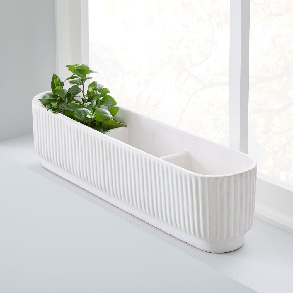 Fluted Ceramic Indoor/Outdoor Windowsill Planter - White | West Elm (US)
