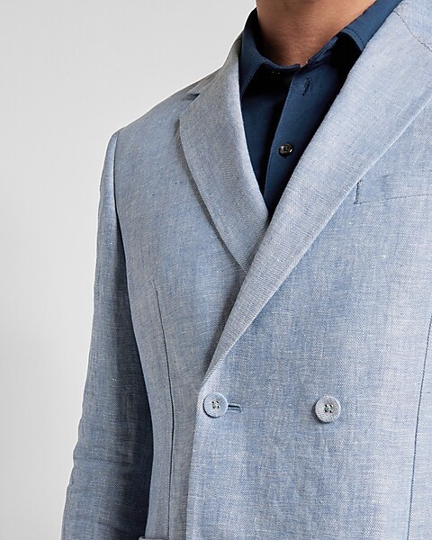 Slim Blue Herringbone Double Breasted Linen Suit Jacket | Express