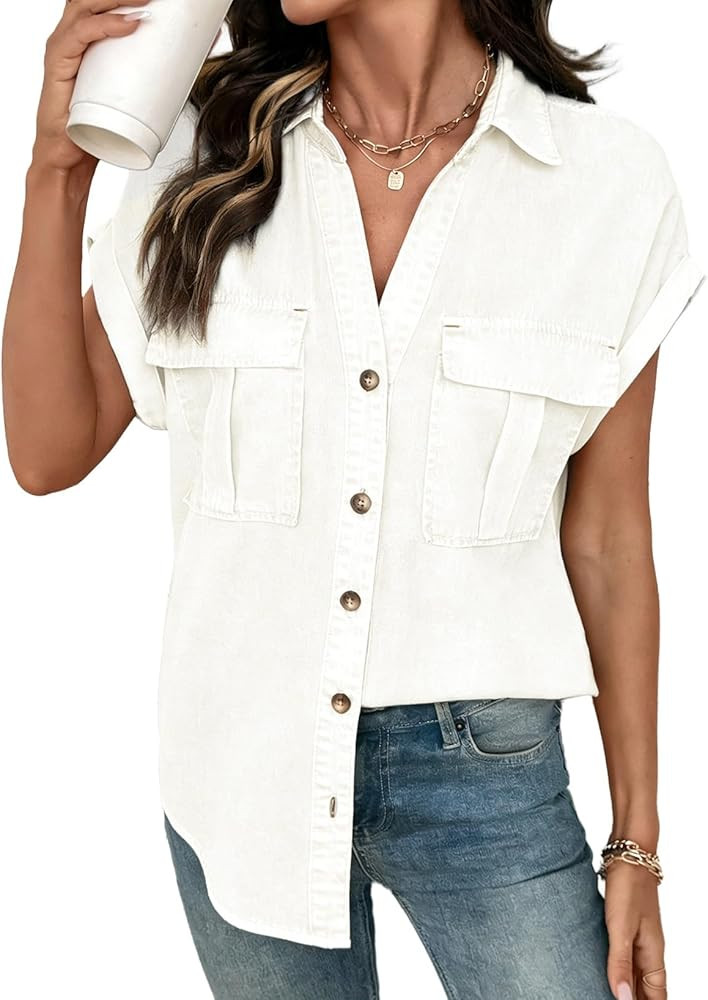 SIDEFEEL Women's Denim Shirt Button Down V Neck Short Sleeve Jean Shirts Trendy Casual Loose Fit ... | Amazon (US)