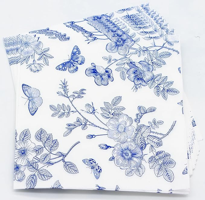 40 Pack Blue White Floral Luncheon Napkins - Fancy Dessert Paper Napkins for Tea Party, Baby Show... | Amazon (US)