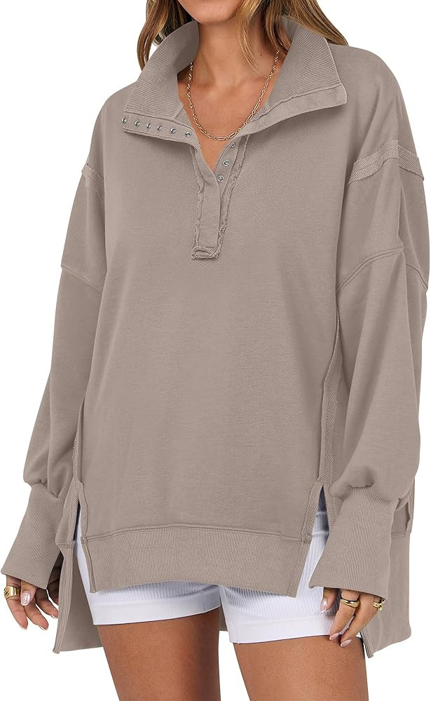 ANRABESS Women's Sweatshirts Oversized Casual Loose Button Up Henley Pullover Top High Low Split ... | Amazon (US)