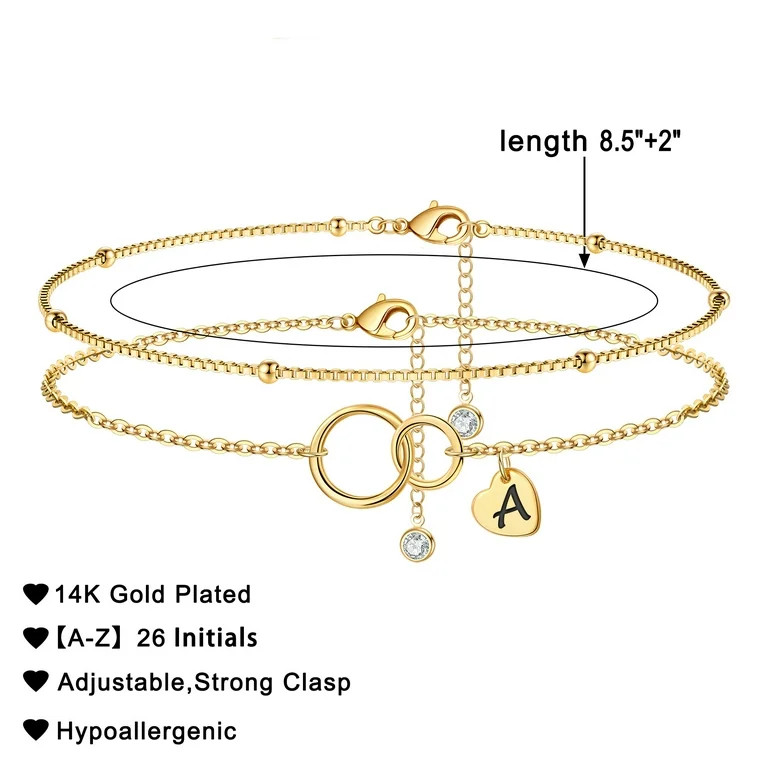 TINGN Heart Initial Anklet Bracelet for Women 14K Gold Plated Two Interlocking Infinity Circles A... | Walmart (US)