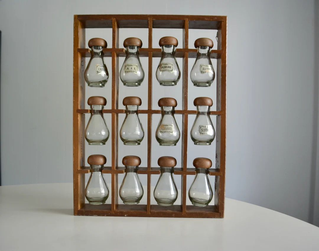 Vintage 70s Wood & Glass 12 Jar Mushroom Shaped Spice Rack. Mid Century Faux Wood Teak Wall Hangi... | Etsy (US)