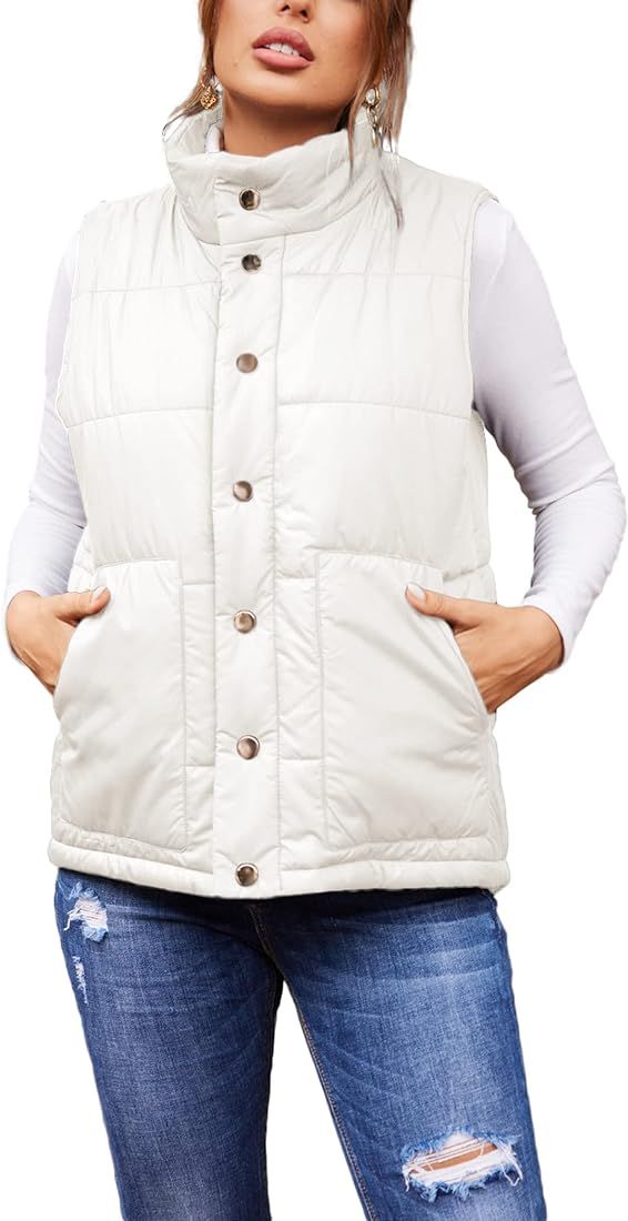 Hotouch Womens Lightweight Quilted Vest Outerwear Stand Collar Button Down Fashion Gilet with Pocket | Amazon (US)