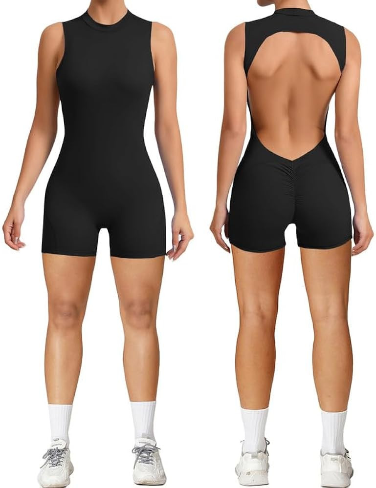 Litthing Women Short Jumpsuit Backless Scrunch Butt Workout Rompers V Back Yoga One Piece Unitard... | Amazon (US)
