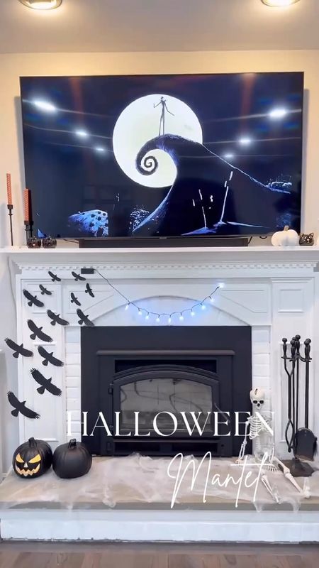 Look at the before and after of my fireplace! Halloween season is officially here! Halloween decor. Halloween szn. Home decor finds. Spooky decor finds. Spooky season. Walmart finds. Skeleton  

#LTKfindsunder50 #LTKhome #LTKSeasonal