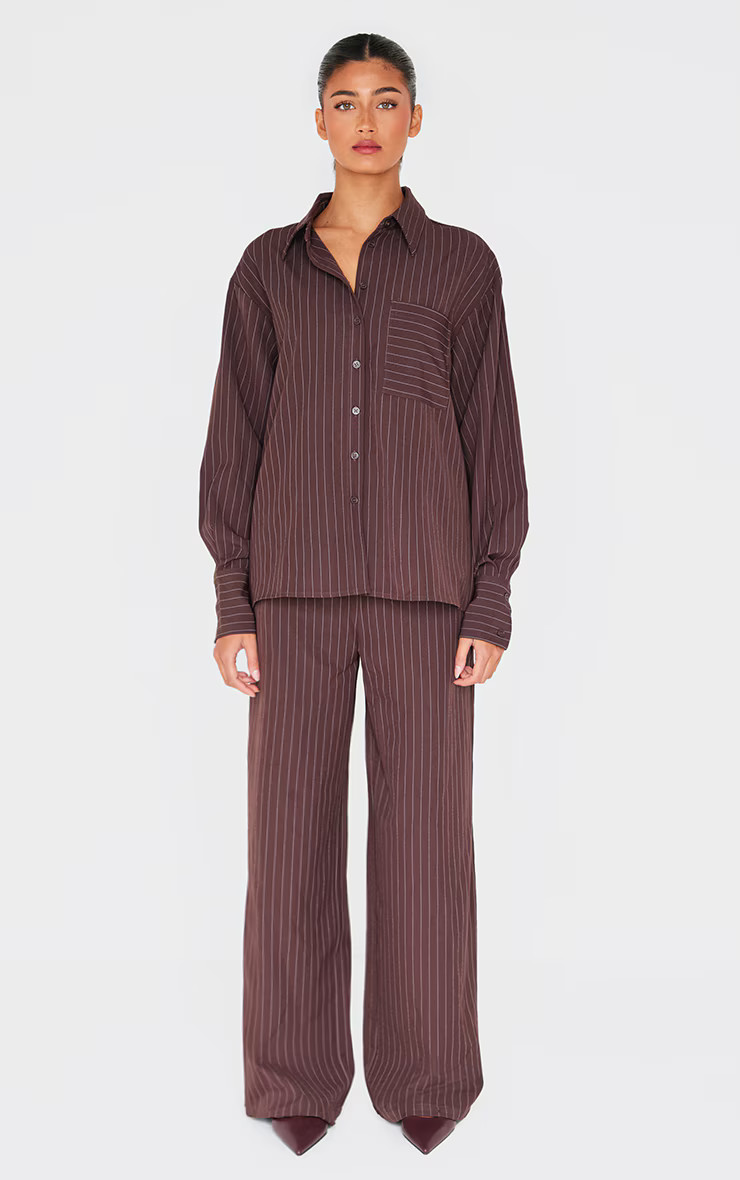 Dark Brown Woven Pinstripe Detail Wide Leg Pants | PrettyLittleThing US