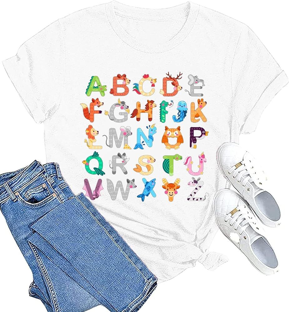 Teacher Shirt Women Teaching Tshirt Funny ABC Animals Alphabet Graphic Tee Top Cute Kindergarten ... | Amazon (US)