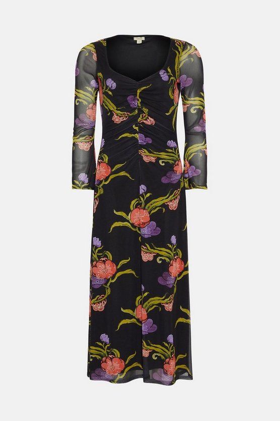Oasis x Print Sisters Floral Mesh V Neck Midi Dress | Oasis UK & IE
