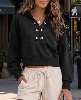 Fisoew Womens Cropped Hoodies V Neck Oversized Sweatshirts Pullover Tops | Amazon (US)