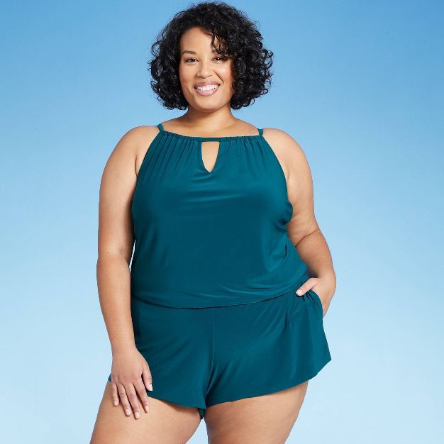 Women's High Neck Swim Romper with Pockets - Aqua Green® | Target