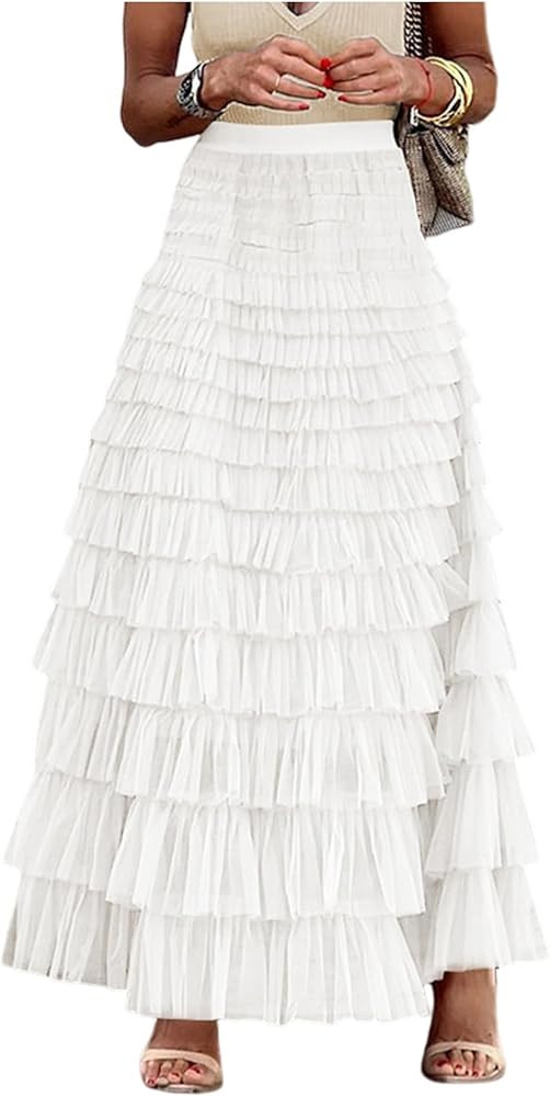 Gihuo Women's Long Maxi Tulle Skirts A Line High Waisted Tiered Layered Midi Skirt Mesh Ruffle Tu... | Amazon (US)