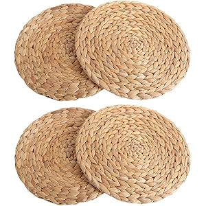 kilofly Natural Water Hyacinth Weave Placemat Round Braided Rattan Tablemats 11.8 inch x 4pc | Amazon (US)