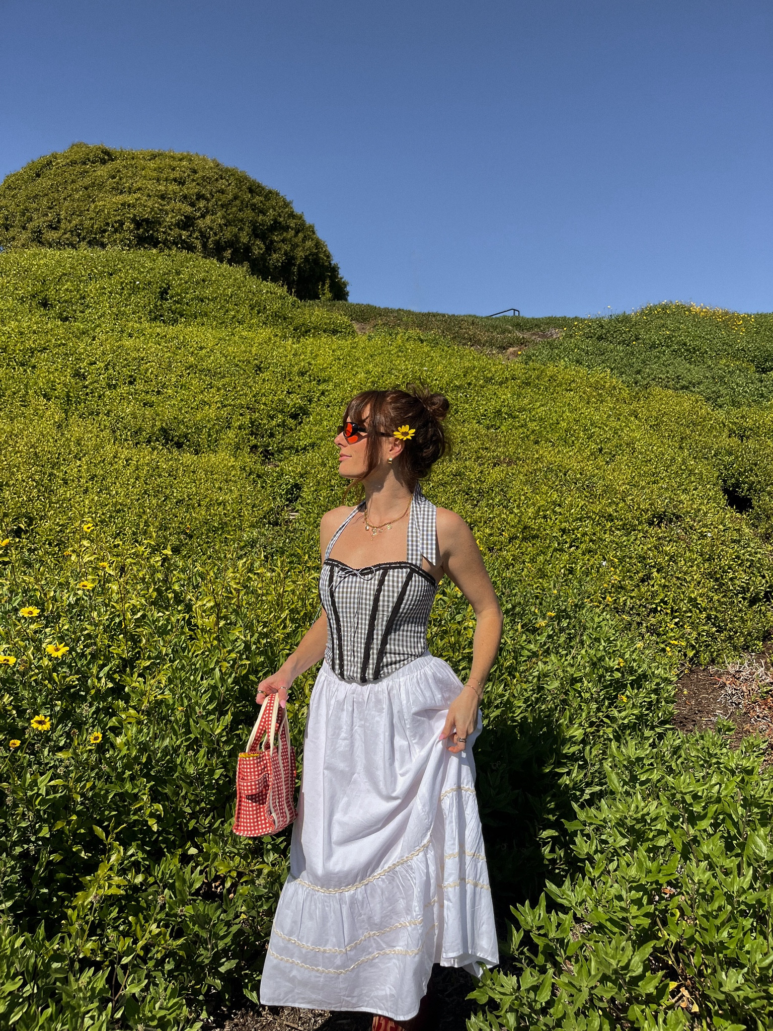 Spring gingham top white maxi skirt red cowboy boots 