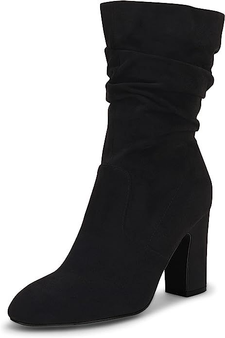 Coutgo Women's Mid Calf Slouchy Boots Suede High Heel Zip Stacked Chunky Block Round Toe Booties | Amazon (US)