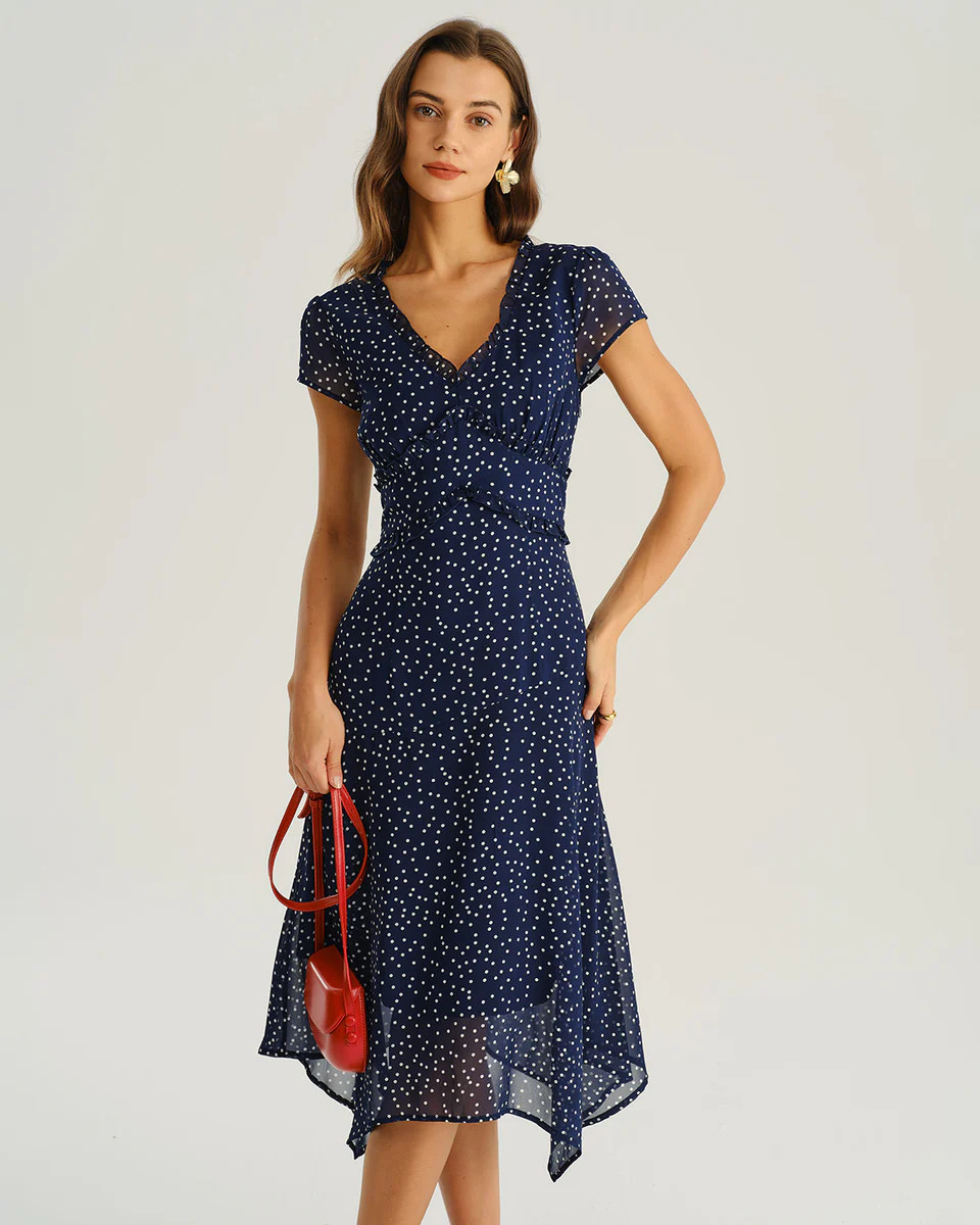 Navy Polka Dot Cap Sleeve Midi Dress | rihoas.com
