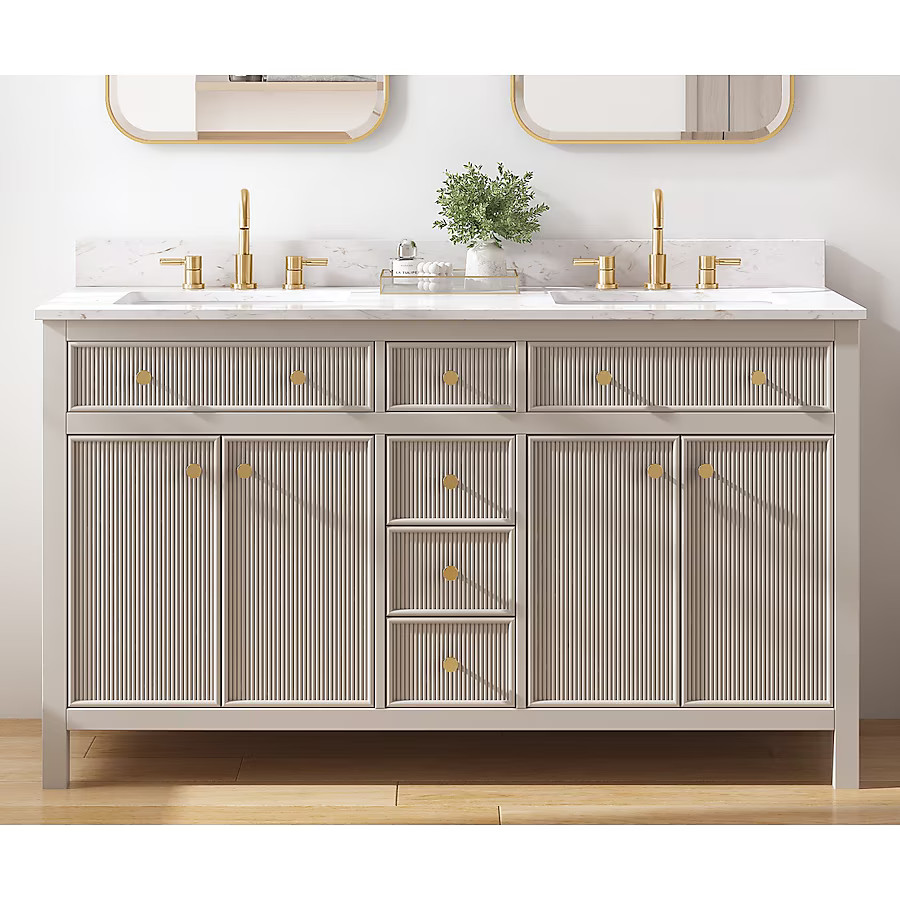 allen + roth Sandbanks 60-in Flaxen Greige Undermount Double Sink Bathroom Vanity with White Engi... | Lowe's