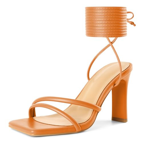 Joseywade Tie Up Heels For Women Lace Up Strap Wrap 3.5" Chunky Block High Heeled Sandals Strappy Heels Open Square Toe Shoes Orange Size 10 | Amazon (US)