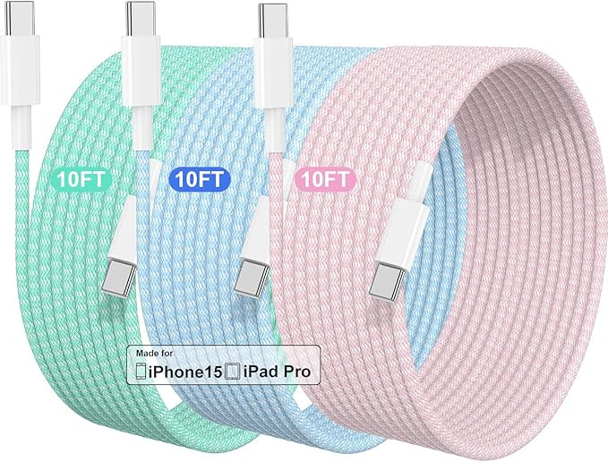 Cabepow USB C to USB C Cable 10ft for Apple 3-Pack,60W Long Braided iPhone 15/16 Charger Cord Typ... | Amazon (US)