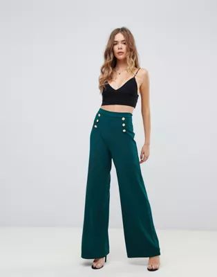 Boohoo button front wide leg pants in green | ASOS US