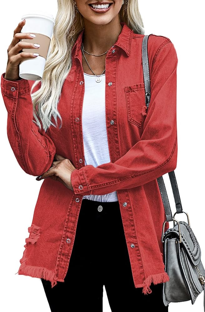 Dokotoo Women's Oversized Denim Jacket Casual Long Boyfriend Distresse Jean Jacket Autumn Spring | Amazon (US)
