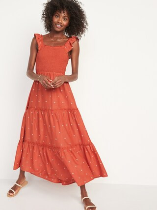 Fit & Flare Smocked Embroidered Midi Dress For Women | Old Navy (US)