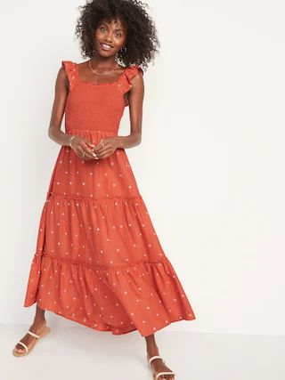Fit &#x26; Flare Smocked Embroidered Midi Dress For Women | Old Navy (US)