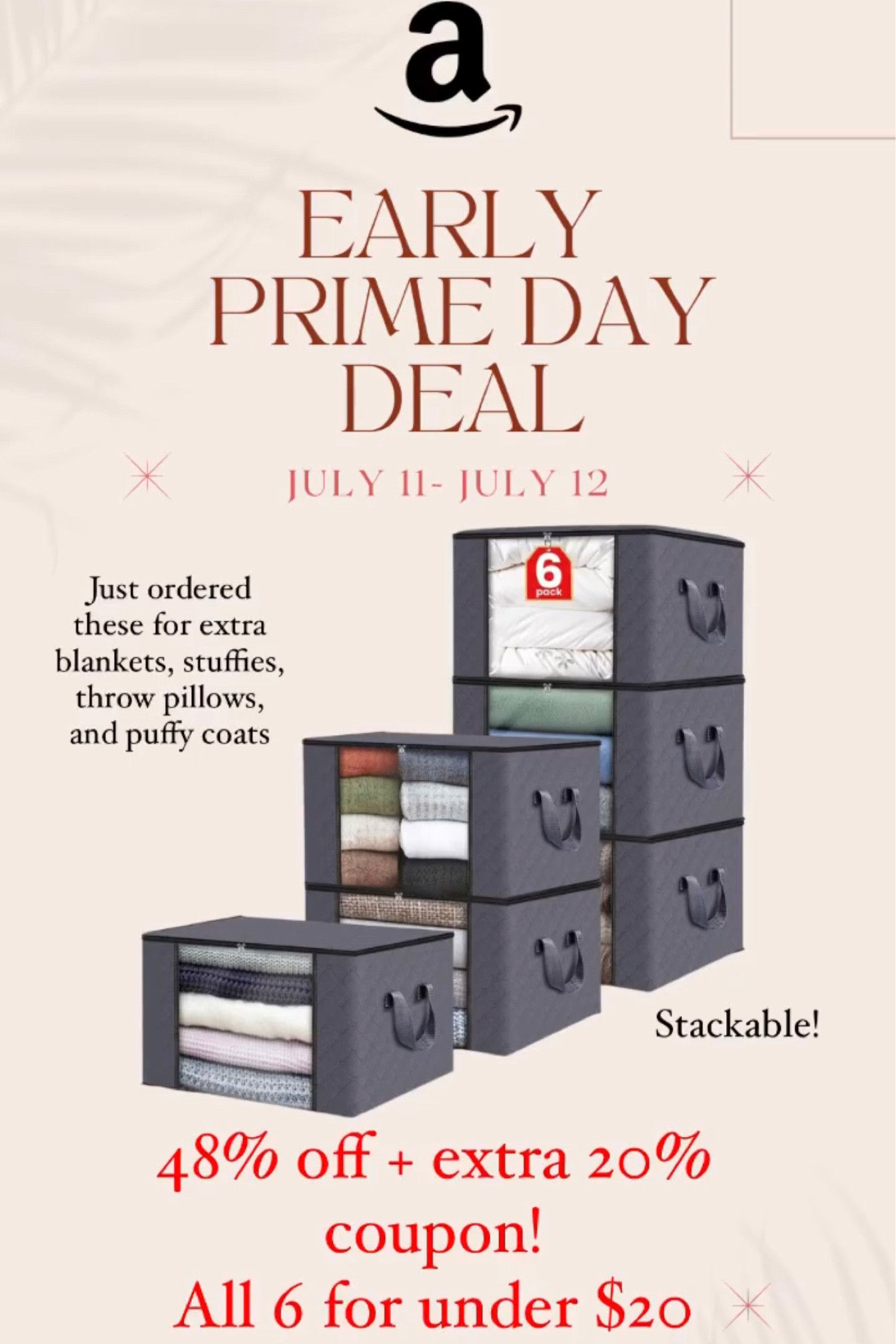 Stackable storage solution! Perfect for sweaters, winter clothes, stuffies, pillows, blankets, and more. UNDER $20!

#amazonfinds #storage #organization #closetorganizer 

#LTKhome #LTKxPrimeDay