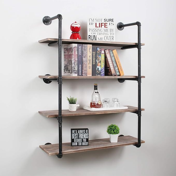 Industrial Pipe Floating Shelves,4 Tiers Wall Mount Bookshelf,44in Rustic Wall Shelves,DIY Storag... | Amazon (US)