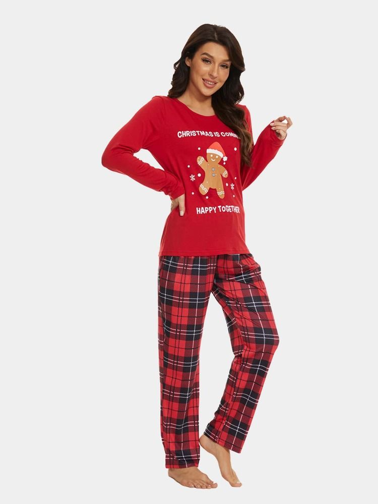 T-Shirt mit Weihnachtsmuster & Plaid Hose Pyjama Set | SHEIN