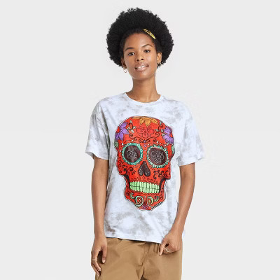 Women's Dia De Los Muertos Skull Short Sleeve Graphic T-Shirt - White Tie-Dye | Target