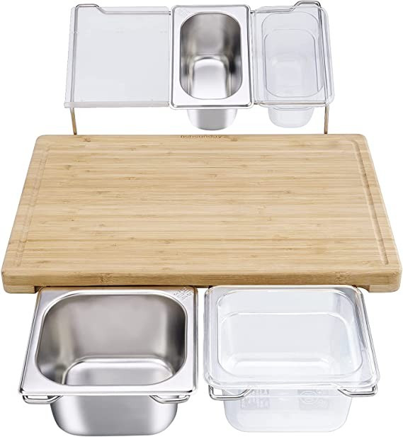 Large Extensible Bamboo Cutting Board Set with 4 Containers for Kitchen with Juice Groove, Eco-fr... | Amazon (US)