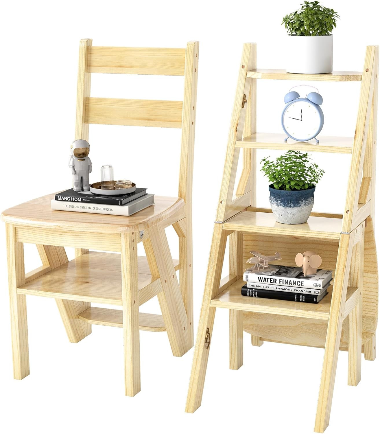 Folding Step Ladder Chair 3-in-1 Wooden Step Stool 4 Tier Foldable Ladder Stool Shelf Display Sta... | Amazon (US)