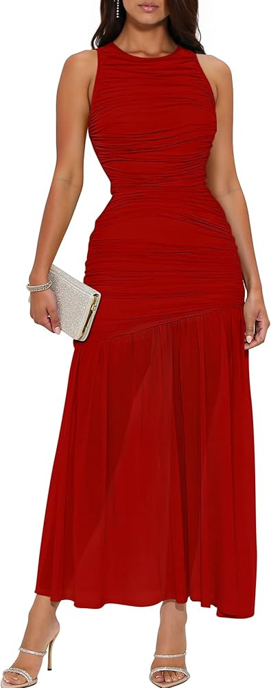 GOKATOSAU Women's Sleeveless Round Neck Full Ruched Bodycon Mesh Ruffle Hem Long Maxi Dress | Amazon (US)