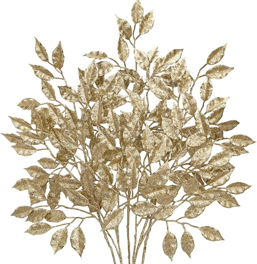 25.6" Christmas Glitter Leaves Stems, 5Pcs Artificial Champagne Leaf Spray Leaf Picks Tall for Ch... | Amazon (US)