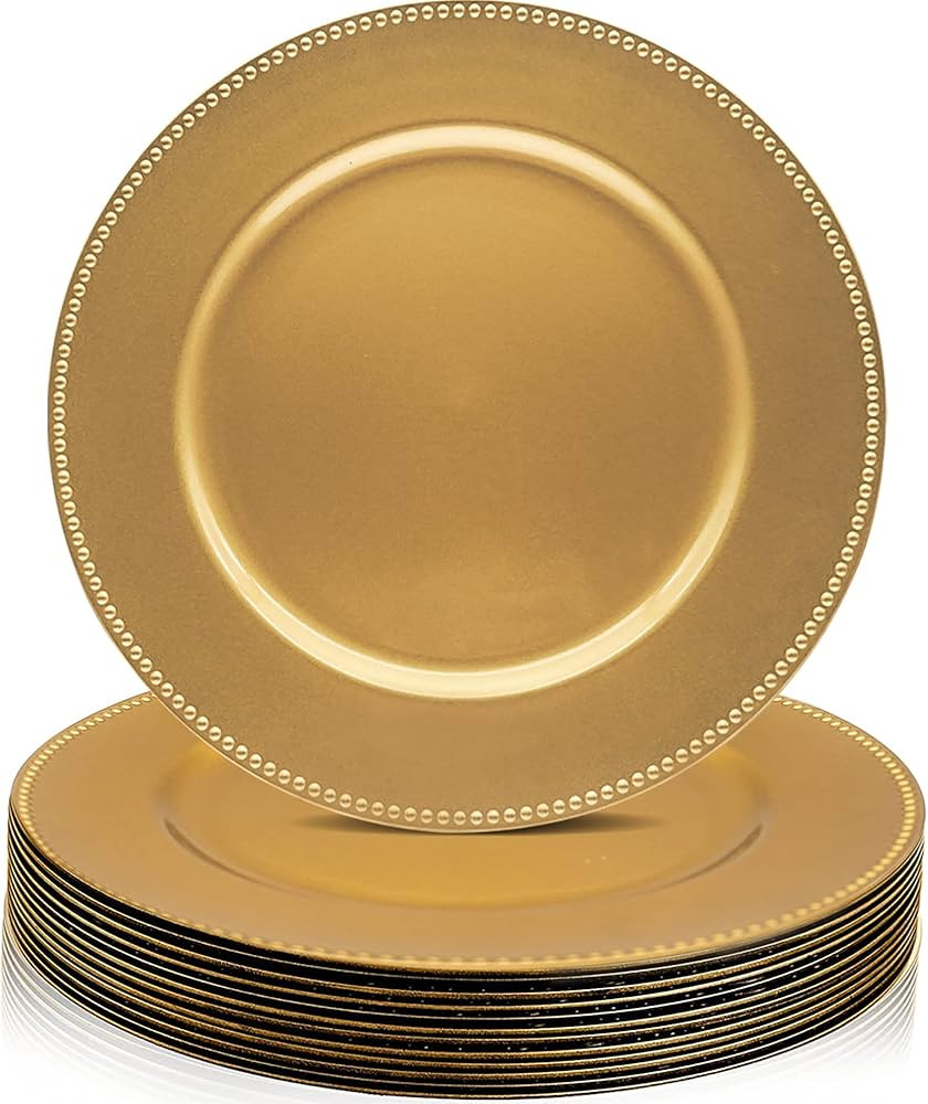 Cezoyx 12 Pack Gold Charger Plates with Beaded, 13 Inch Round Charger for Dinner Plate - Plastic ... | Amazon (US)