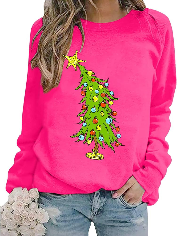 Christmas Sweatshirts for Women Christmas Tree Graphic Merry Sweatshirt Cute Xmas Holiday Long Sl... | Amazon (US)