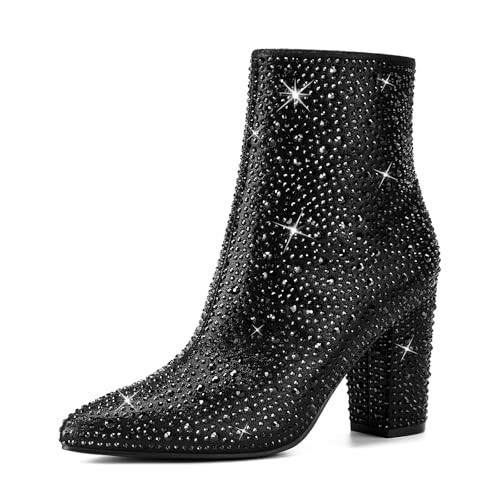 Rollda SUEDI Rhinestone Boots for Women, Sparkly Ankle Booties with Pointed Toe, Ladies Block Chunky Heel Glitter Boots | Amazon (US)