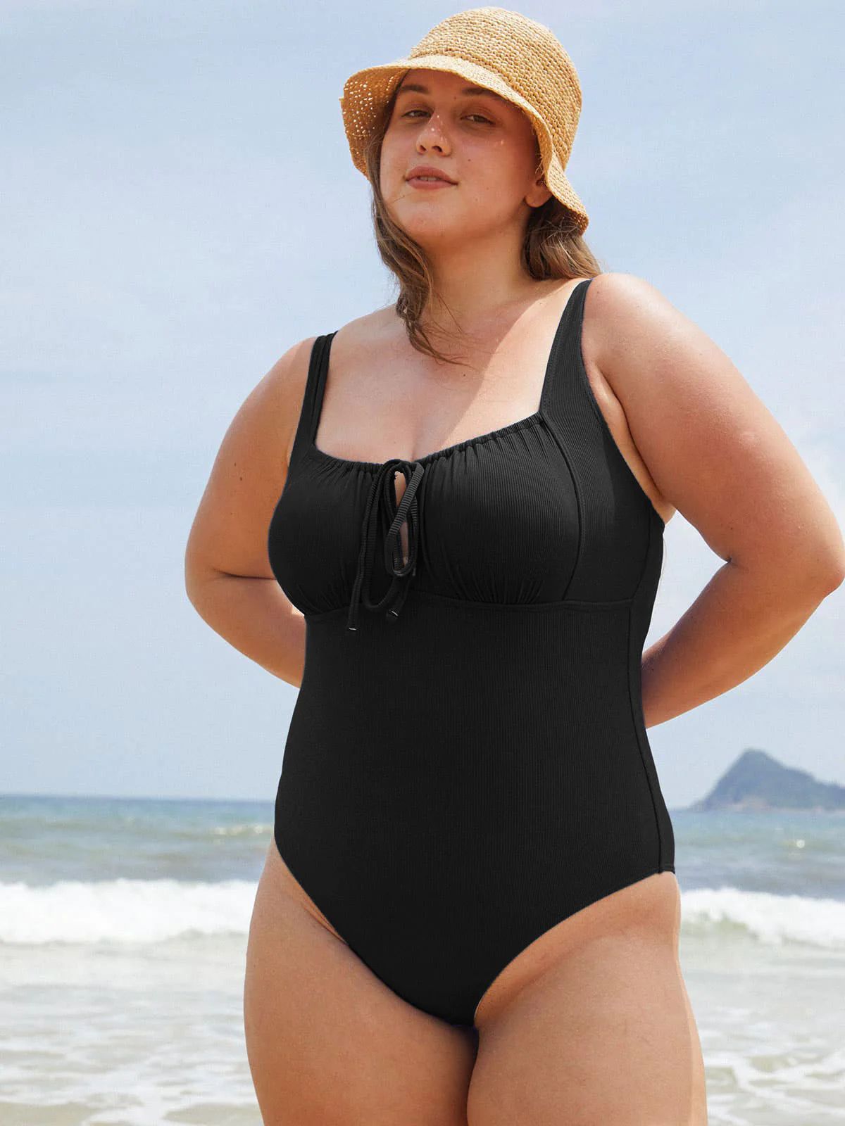 Black Cutout Tie Plus Size One-Piece Swimsuit & Reviews - Navy,Black - Sustainable Plus Size One-... | BERLOOK
