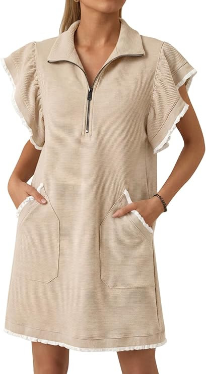 Cicy Bell Womens Ruffle Cap Sleeve Sweatshirt Dress Summer Oversized V Neck Quarter Zip Mini Dres... | Amazon (US)