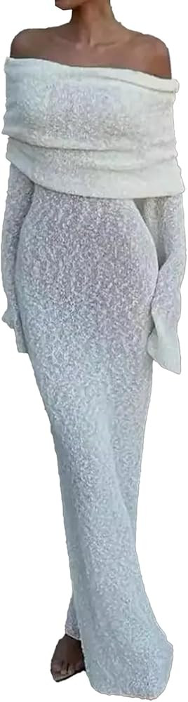 NRTHYE Women's Knit Off Shoulder Crochet Maxi Dress Sexy Mesh Long Sleeve Bodycon Vacation Party ... | Amazon (US)