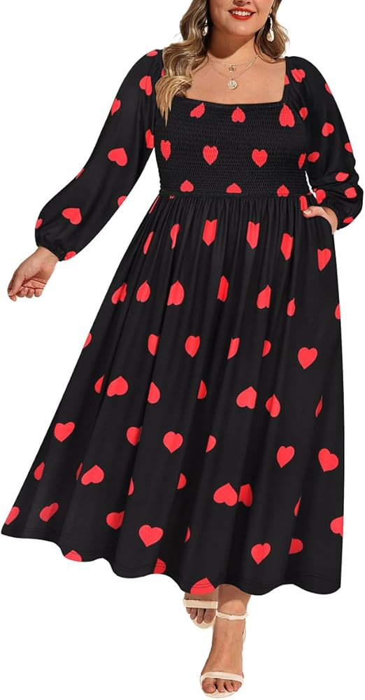 RITERA Plus Size Dresses for Curvy Women Square Neck Fall Long Sleeve Floral Smocked Maxi Dress w... | Amazon (US)