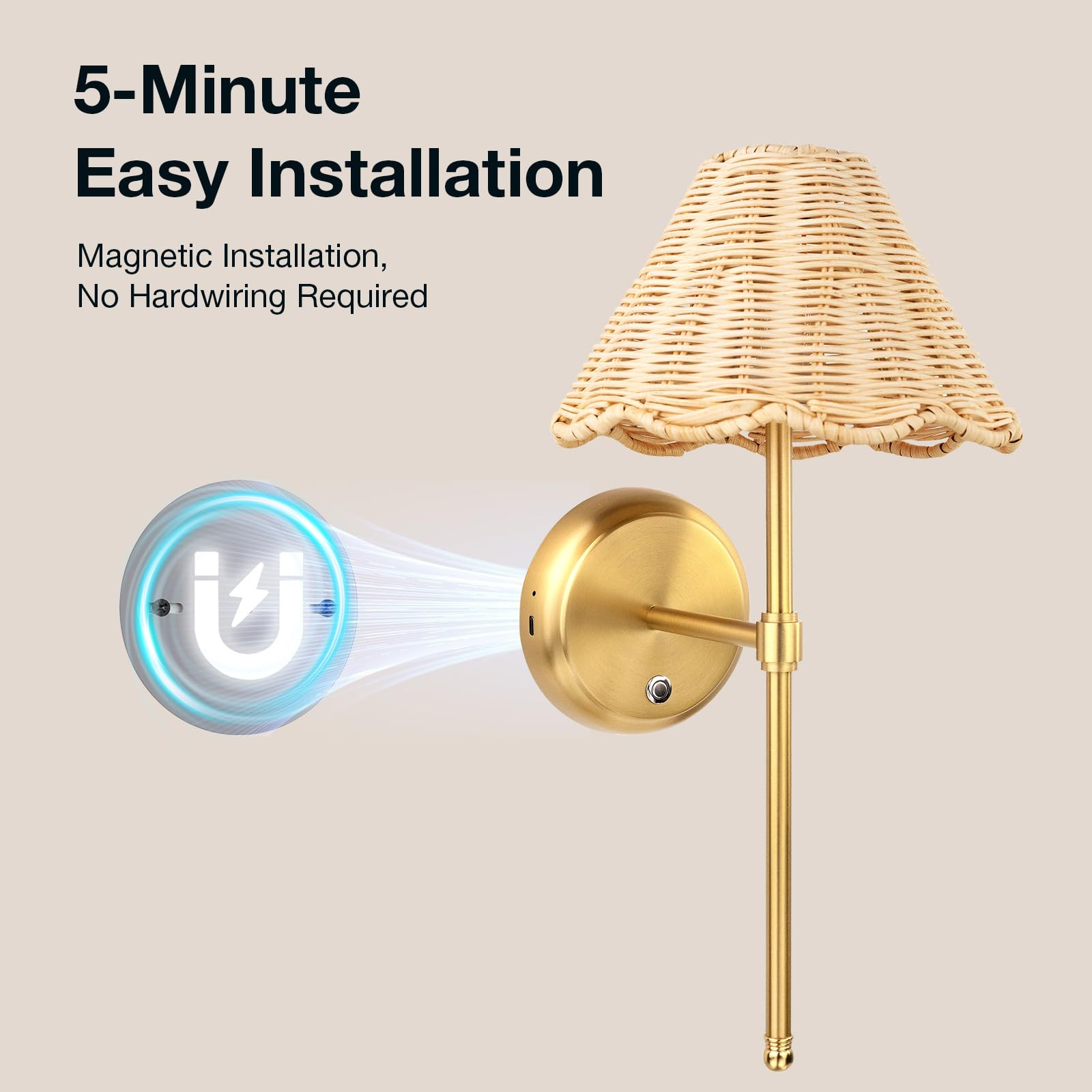 Battery Operated Boho Rattan Wall Sconce Set of 2, Stepless Dimming Magnetic Wall Lamp, 5200mAh R... | Amazon (US)