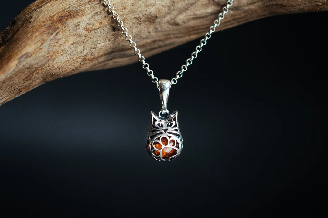 A Silver Cat Pendant With Amber Inside and a Cute Paw on the - Etsy | Etsy (US)