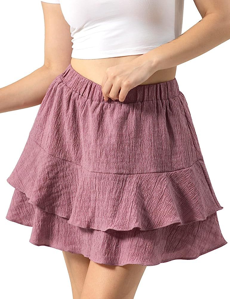 DRESSTELLS Women's High Waist Solid Short Skirts Layered Ruffle Hem Pleated Skater Mini Skirt wit... | Amazon (US)