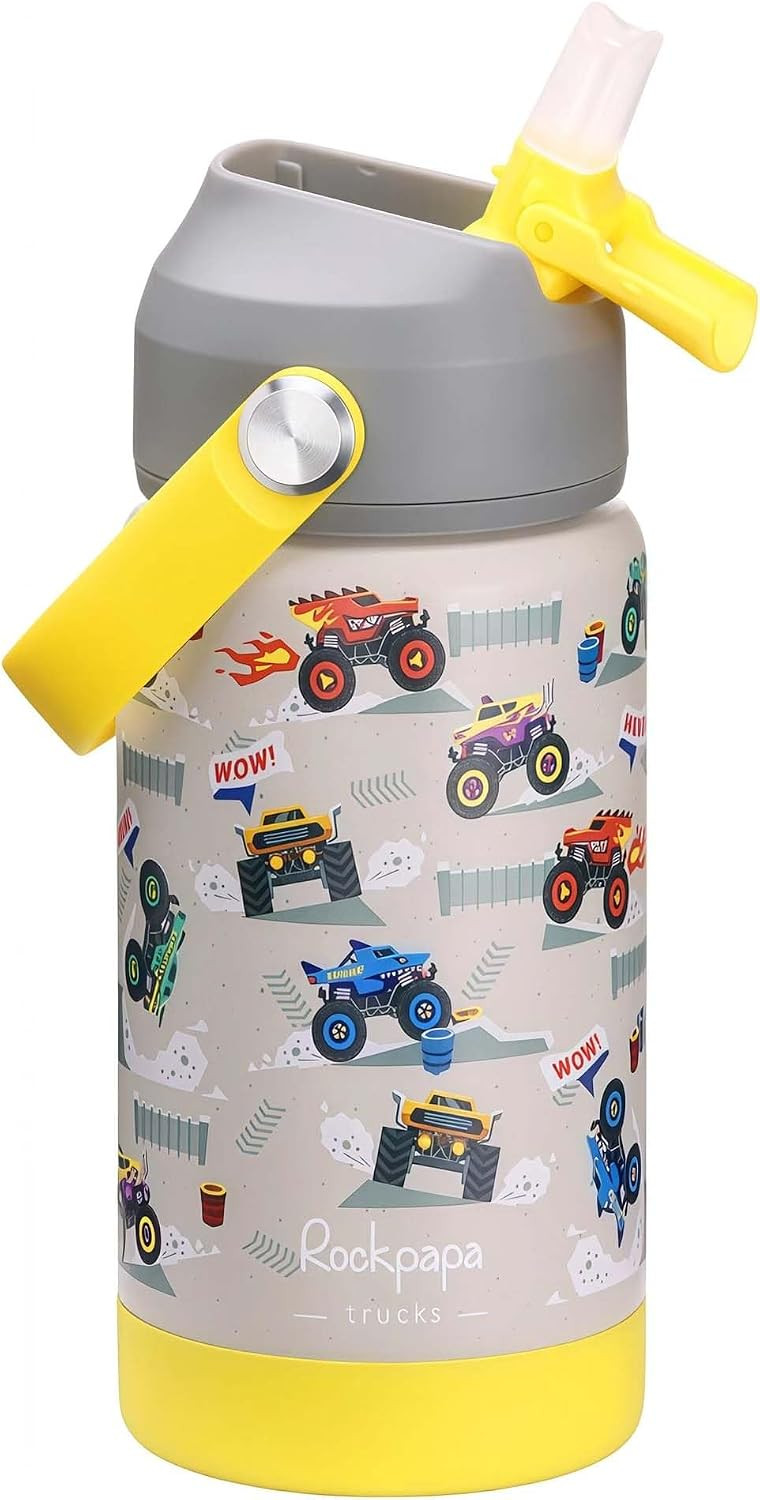 rockpapa 14oz Kids Stainless Steel Water Bottle with Straws, Trucks | Amazon (US)