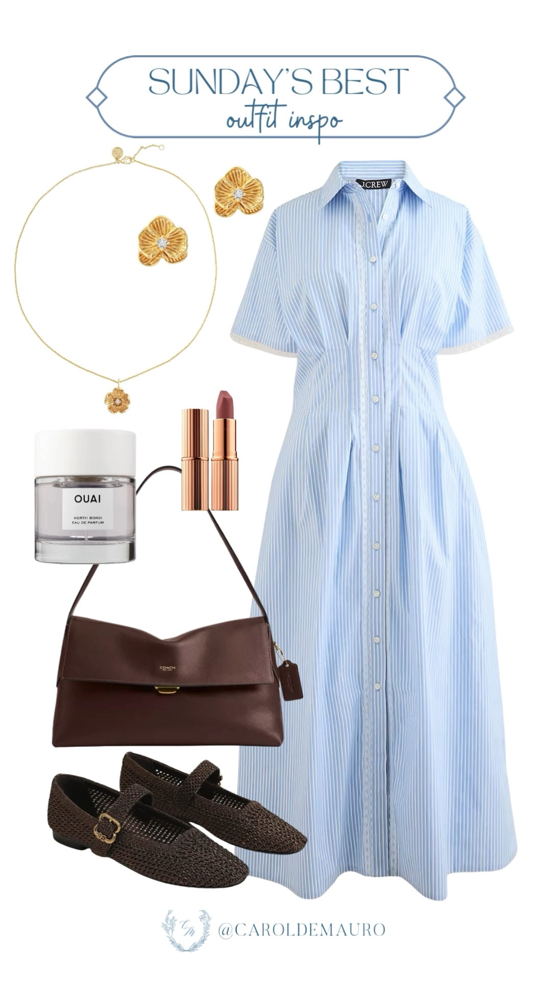 Keep things classic and cute with this striped blue shirt dress that’s basically a cheat code for looking put-together. Just add some chocolate brown accessories and floral gold jewelry to nail that Sunday's best energy without even trying.

church day outfit, dressy inspo, casual chic, weekend wardrobe, fashion accessories, minimalist aesthetic, modest look, classic style, lace trim

#LTKU #LTKootd #LTKSeasonal
