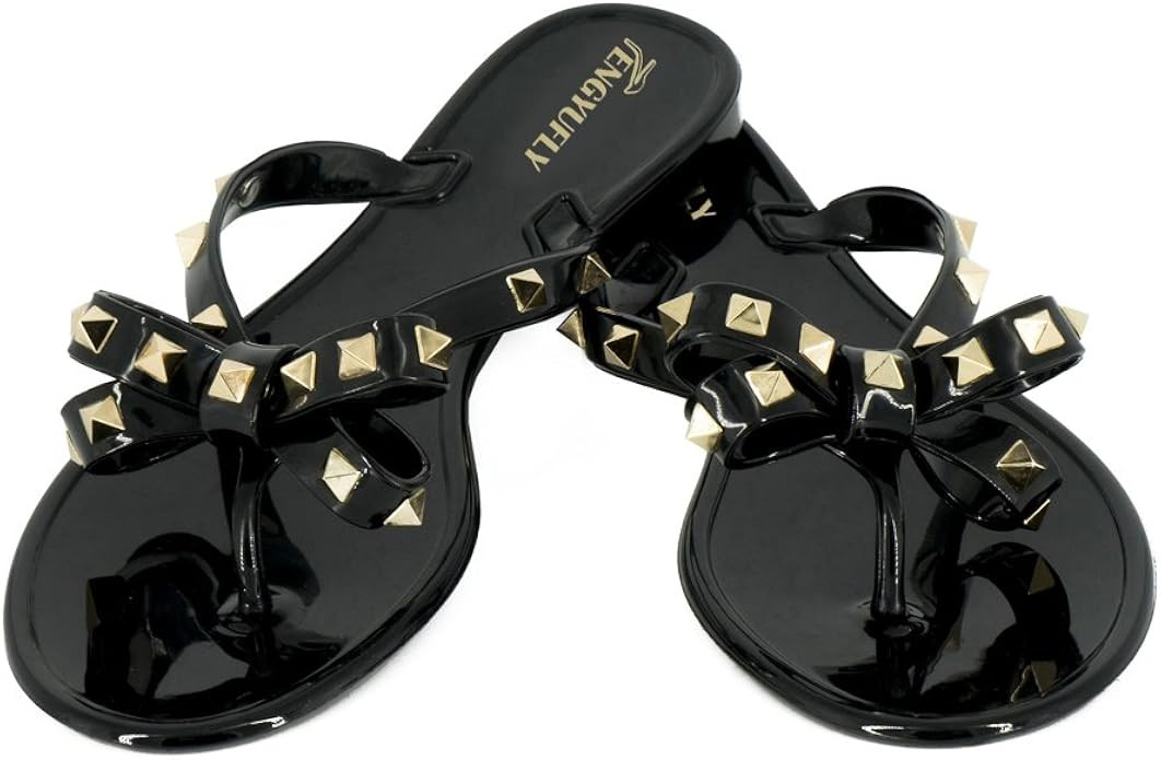 TENGYUFLY Womens Rivets Bowtie Flip Flops Jelly Thong Sandal Rubber Flat Summer Beach Rain Shoes | Amazon (US)