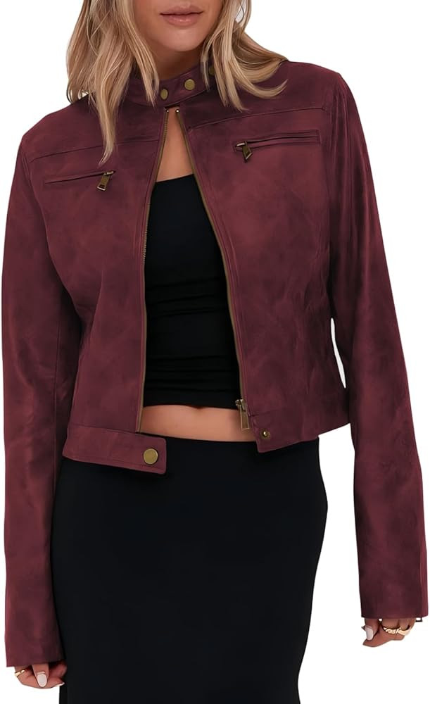 Onedreamer Women's Faux Leather Cropped jackets Casual Vintage Zip Up Stand Collar Motorcycle Sho... | Amazon (US)